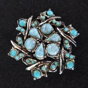 Vintage 1970s Turquoise Marbled Art Glass Pinwheel Floral Silver-Tone Brooch